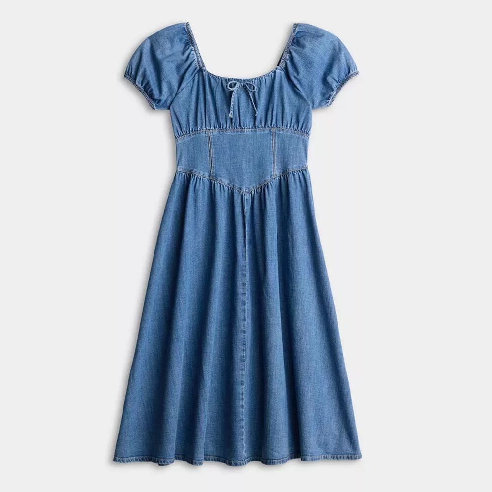 LC Lauren Conrad Denim Cottagecore Puff Sleeve Corset Princess Midi Dress L NWT